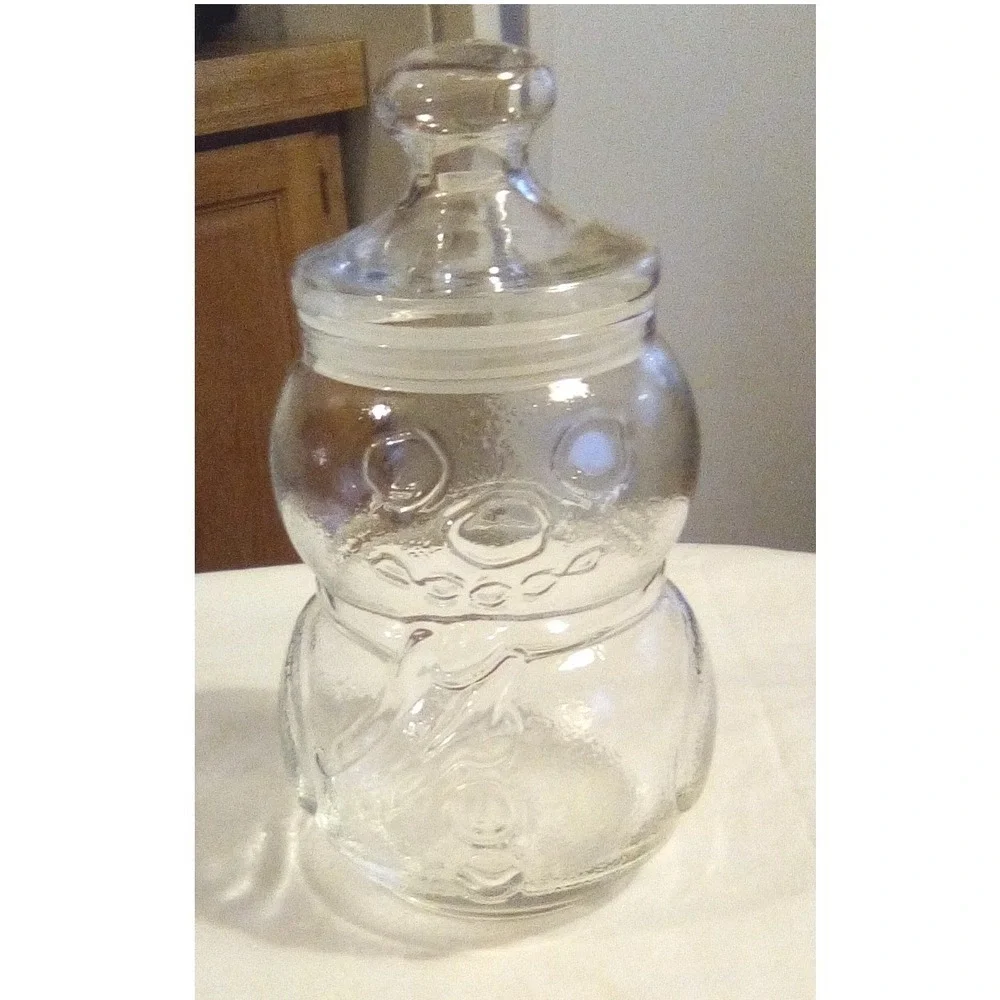 Vintage Clear Glass Snowman (Cookie, Candy) Jar Apothecary Container with Lid
